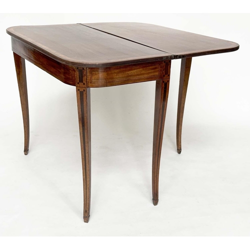 95 - TEA TABLE, George III figure mahogany, satinwood and tulipwood crossbanded, D form foldover with ebo... 