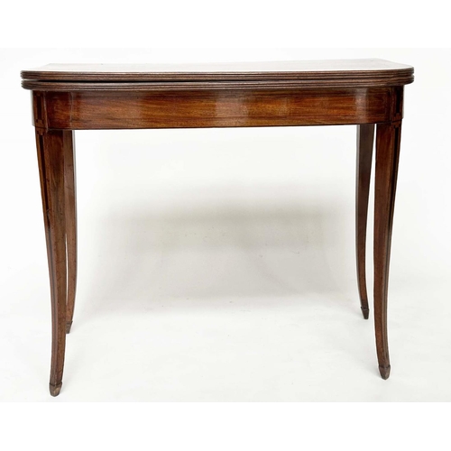 95 - TEA TABLE, George III figure mahogany, satinwood and tulipwood crossbanded, D form foldover with ebo... 