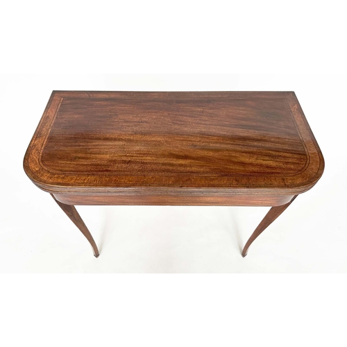 95 - TEA TABLE, George III figure mahogany, satinwood and tulipwood crossbanded, D form foldover with ebo... 