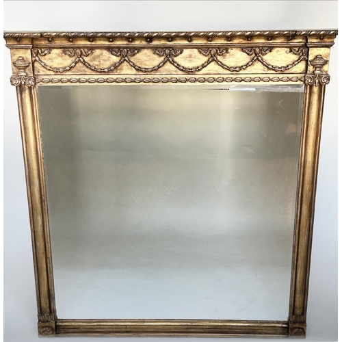 96 - OVERMANTEL MIRROR, 19th century style giltwood rectangular with 'ball' cornice swag frieze and bevel... 