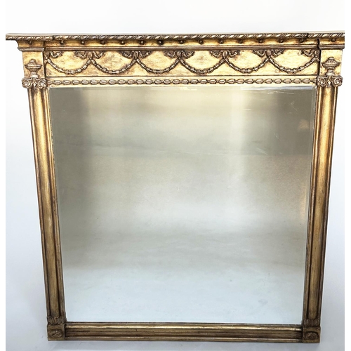 96 - OVERMANTEL MIRROR, 19th century style giltwood rectangular with 'ball' cornice swag frieze and bevel... 