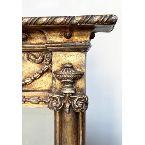 96 - OVERMANTEL MIRROR, 19th century style giltwood rectangular with 'ball' cornice swag frieze and bevel... 