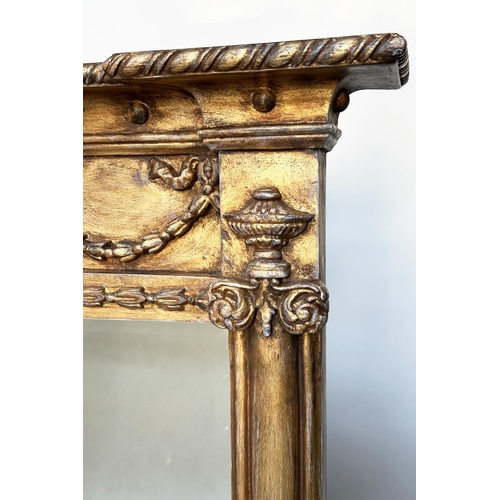 96 - OVERMANTEL MIRROR, 19th century style giltwood rectangular with 'ball' cornice swag frieze and bevel... 