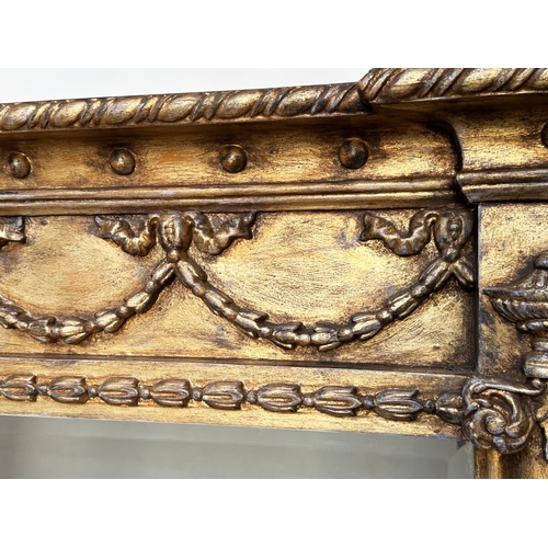 96 - OVERMANTEL MIRROR, 19th century style giltwood rectangular with 'ball' cornice swag frieze and bevel... 