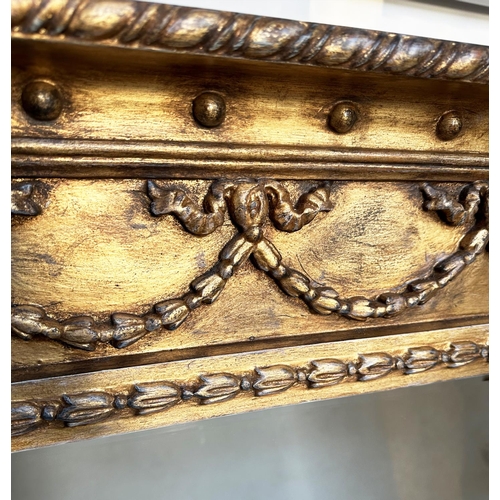 96 - OVERMANTEL MIRROR, 19th century style giltwood rectangular with 'ball' cornice swag frieze and bevel... 