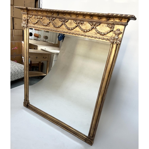 96 - OVERMANTEL MIRROR, 19th century style giltwood rectangular with 'ball' cornice swag frieze and bevel... 