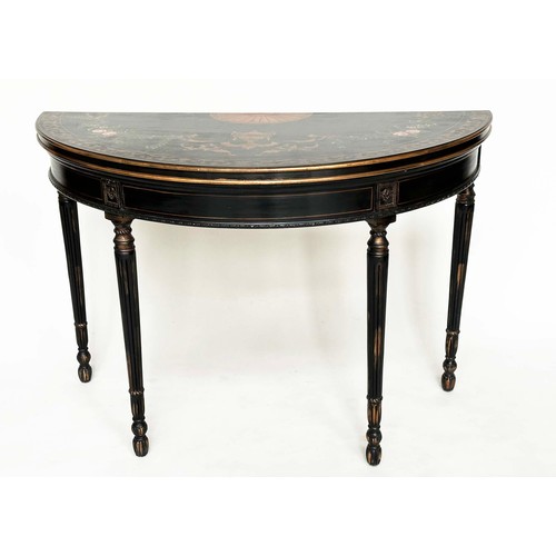 122 - CONSOLE TABLE, demilune black lacquered and gilt decorated with polychrome top and fluted tapering s... 