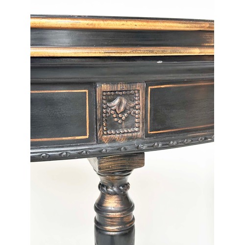 122 - CONSOLE TABLE, demilune black lacquered and gilt decorated with polychrome top and fluted tapering s... 