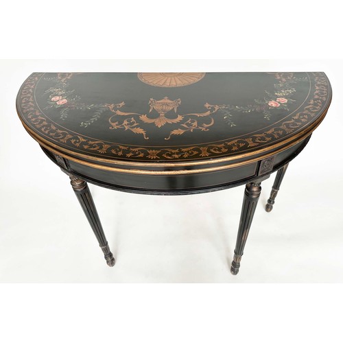 122 - CONSOLE TABLE, demilune black lacquered and gilt decorated with polychrome top and fluted tapering s... 