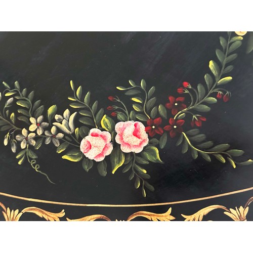 122 - CONSOLE TABLE, demilune black lacquered and gilt decorated with polychrome top and fluted tapering s... 