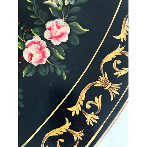 122 - CONSOLE TABLE, demilune black lacquered and gilt decorated with polychrome top and fluted tapering s... 