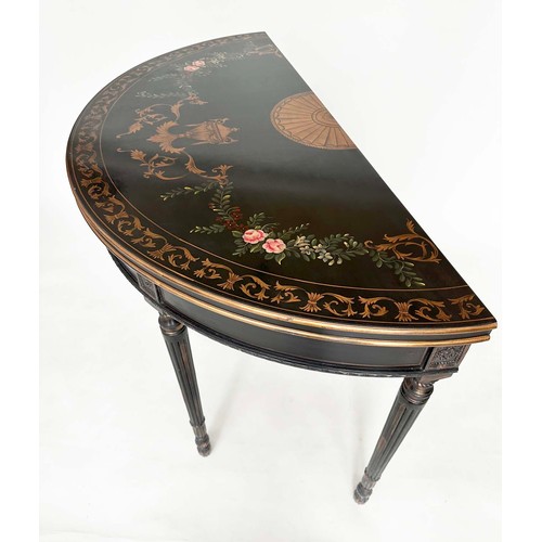 122 - CONSOLE TABLE, demilune black lacquered and gilt decorated with polychrome top and fluted tapering s... 