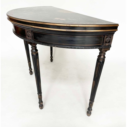 122 - CONSOLE TABLE, demilune black lacquered and gilt decorated with polychrome top and fluted tapering s... 