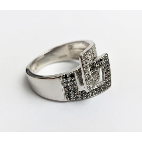 17 - A 9CT WHITE GOLD DIAMOND RING, SET WITH BLACK AND WHITE DIAMONDS, mid century style, total diamond w... 