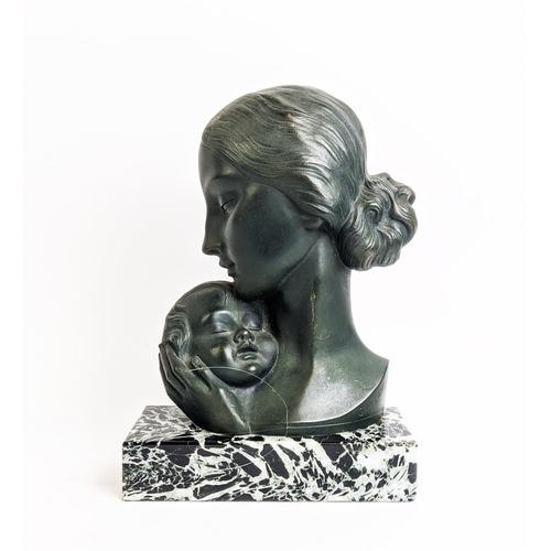 4 - S. MELANI, ART DECO BRONZE, mother and child on a variagated marble base, 32cm H x 21cm W x 19cm D.