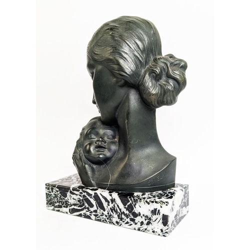 4 - S. MELANI, ART DECO BRONZE, mother and child on a variagated marble base, 32cm H x 21cm W x 19cm D.