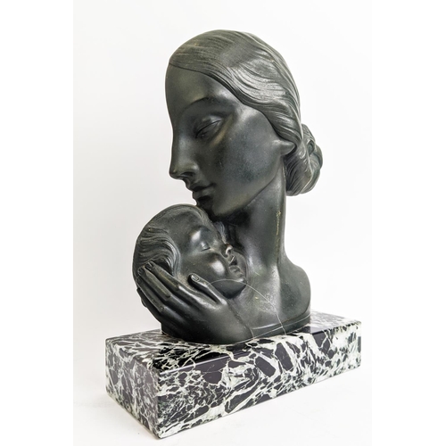 4 - S. MELANI, ART DECO BRONZE, mother and child on a variagated marble base, 32cm H x 21cm W x 19cm D.