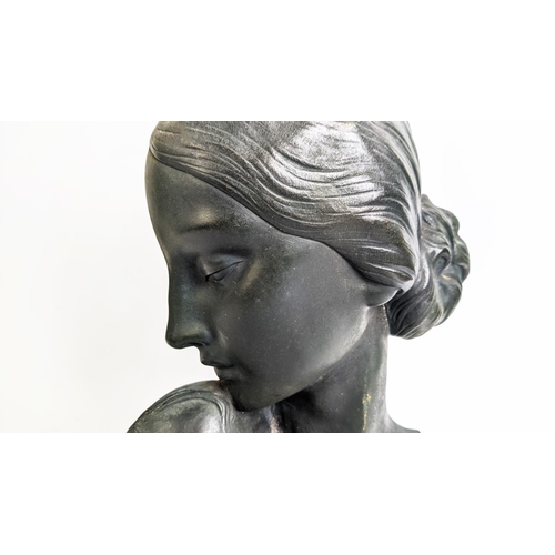 4 - S. MELANI, ART DECO BRONZE, mother and child on a variagated marble base, 32cm H x 21cm W x 19cm D.