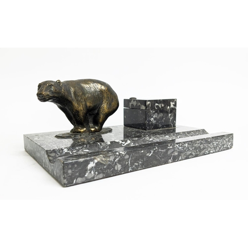 5 - POLAR BEAR INKWELL STAND, bronze on grey and white variagated marble, 24cm L x 16cm H x 10cm W.