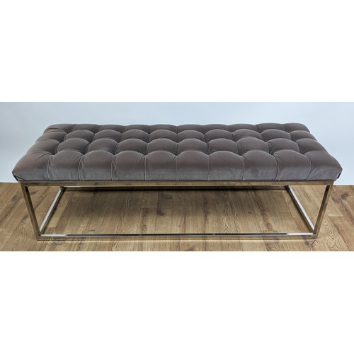 411 - BENCH, 150cm x 50cm x 47cm, buttoned velvet upholstered top, polished metal base.