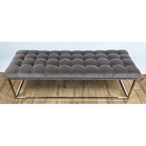 411 - BENCH, 150cm x 50cm x 47cm, buttoned velvet upholstered top, polished metal base.