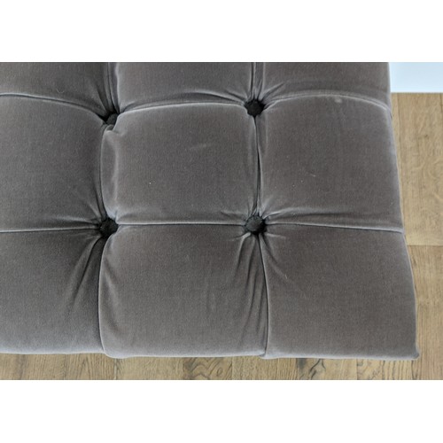 411 - BENCH, 150cm x 50cm x 47cm, buttoned velvet upholstered top, polished metal base.