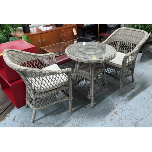 384 - TERRACE SET, faux rattan, including a table with glass top, 68cm x 74.5cm approx, and two chairs, 87... 