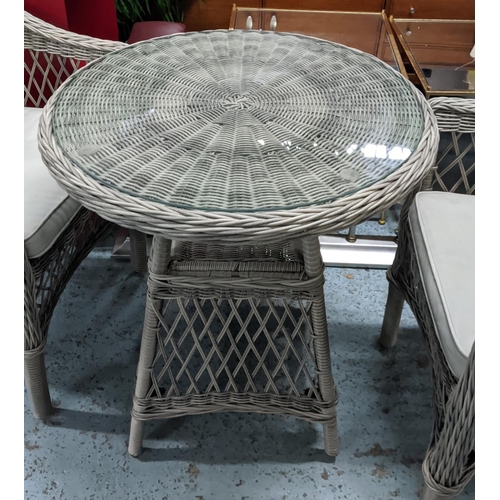 384 - TERRACE SET, faux rattan, including a table with glass top, 68cm x 74.5cm approx, and two chairs, 87... 