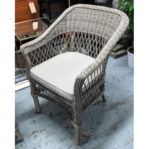 384 - TERRACE SET, faux rattan, including a table with glass top, 68cm x 74.5cm approx, and two chairs, 87... 