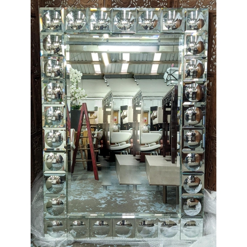 401 - WALL MIRROR, with convex mirrored and segmented panel frame, 105cm x 152cm approx.