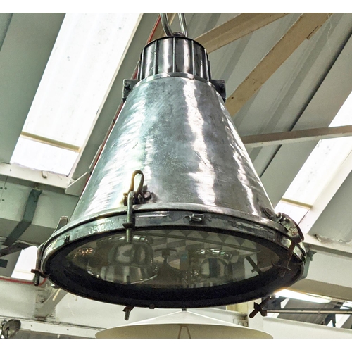 416 - INDUSTRIAL HANGING PENDANT LIGHTS, a pair, vintage mid 20th century, each 50cm H. (2)