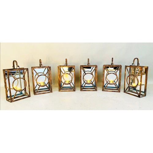 302 - WALL HANGING CANDLE LANTERNS, a set of six, Art Deco style, mirrored backs, 43cm x 22cm x 11cm. (6)