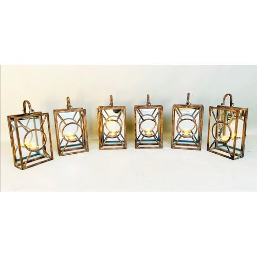 302 - WALL HANGING CANDLE LANTERNS, a set of six, Art Deco style, mirrored backs, 43cm x 22cm x 11cm. (6)