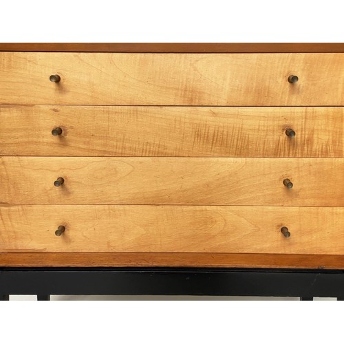 421 - BUREAU, teak and maple, with lithograph decorated fall front above four long drawers, 77cm W x 41cm ... 