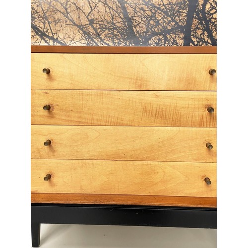 421 - BUREAU, teak and maple, with lithograph decorated fall front above four long drawers, 77cm W x 41cm ... 