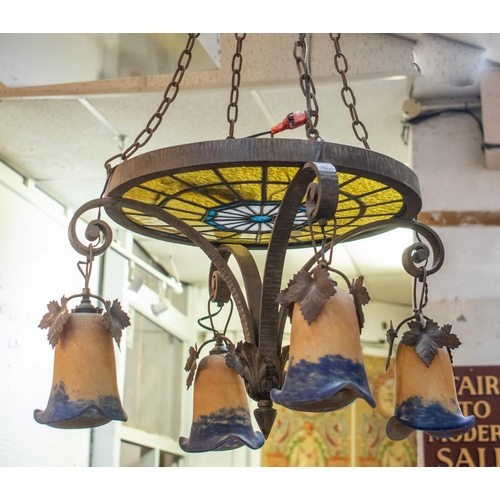 444 - CHANDELIER, 82cm W x 111cm H overall, early 20th century French iron and leaded glass having four su... 