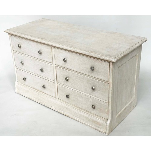 310 - LOW CHEST, early 20th century English grey painted with six drawers, 109cm x 46cm x 62cm H.