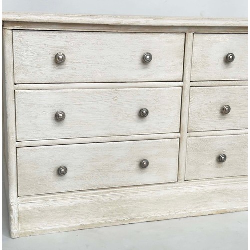 310 - LOW CHEST, early 20th century English grey painted with six drawers, 109cm x 46cm x 62cm H.