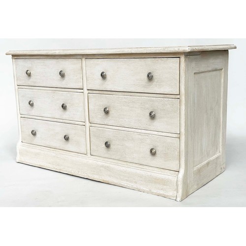 310 - LOW CHEST, early 20th century English grey painted with six drawers, 109cm x 46cm x 62cm H.