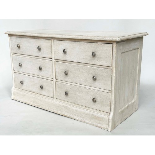 310 - LOW CHEST, early 20th century English grey painted with six drawers, 109cm x 46cm x 62cm H.