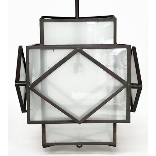 322 - HALL LANTERNS, a pair, Art Deco style, metal framed and frosted glass, 73cm H x 50cm W. (2)