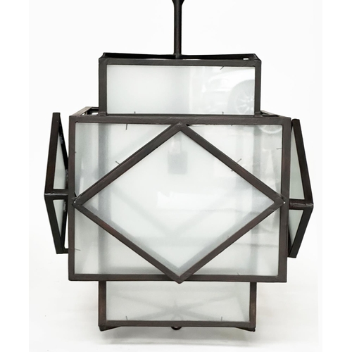 322 - HALL LANTERNS, a pair, Art Deco style, metal framed and frosted glass, 73cm H x 50cm W. (2)