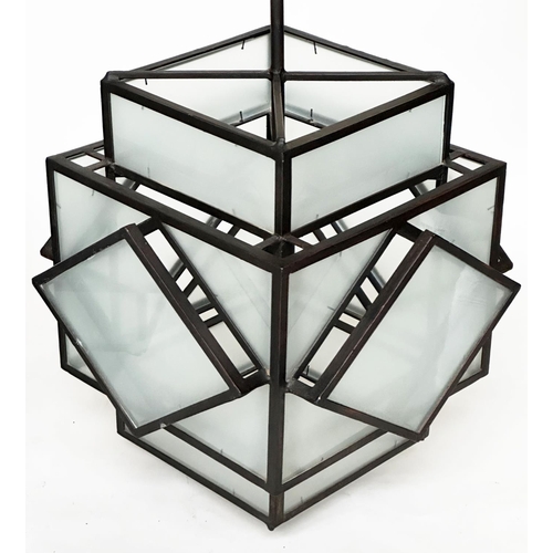 322 - HALL LANTERNS, a pair, Art Deco style, metal framed and frosted glass, 73cm H x 50cm W. (2)