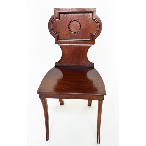 449 - HALL CHAIRS, a pair, Regency style mahogany with cartouche inset backs and sabre front supports, 44c... 