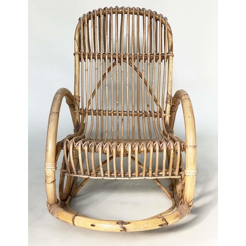 267 - TERRACE ARMCHAIR AND TABLE, 1950s rattan, bamboo and cane bound rocking armchair 59cm W and matching... 