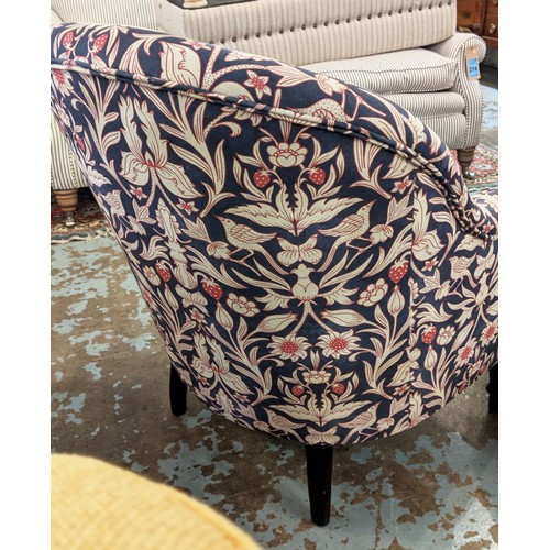 275 - ARMCHAIR, newly upholstered in William Morris strawberry fabric, 75cm W.