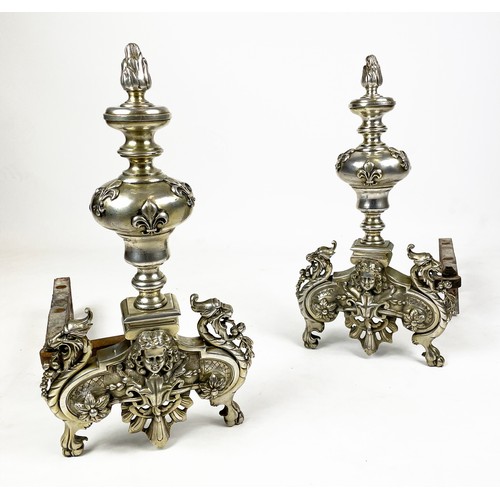23 - CHENETS, a pair, 19th century French bronze in silvered finish, House of Bourbons symbolic fleur de ... 