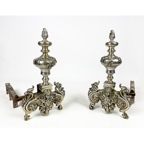 23 - CHENETS, a pair, 19th century French bronze in silvered finish, House of Bourbons symbolic fleur de ... 