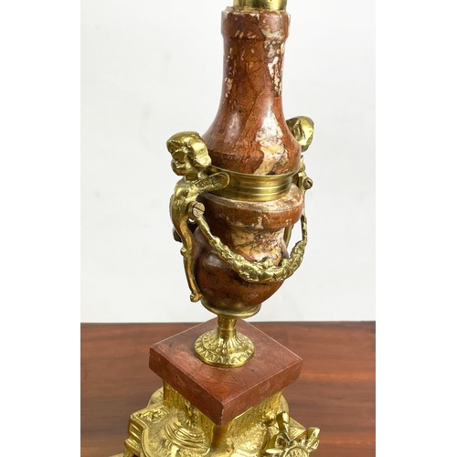 34 - CANDELABRA, a pair, Italian 'brevettato', brass and marble with figural cherubs. (2)