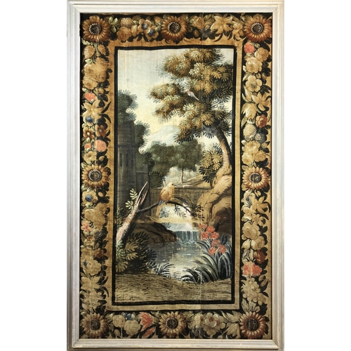 107 - 18TH CENTURY FRENCH MANNER, 'Landscape with bird in floral border', oil on canvas, 197cm x 117cm, fr... 